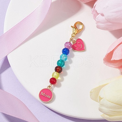 Mother's Day Flat Round with Word Mom & Heart Alloy Enamel Pendant Decorations HJEW-JM01510-1