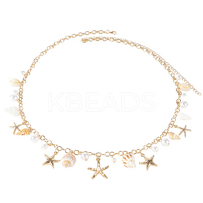 Bohemian Natural Shell & Plastic Imitation Pearl Tassel Chain Belts AJEW-CY0001-06A-1