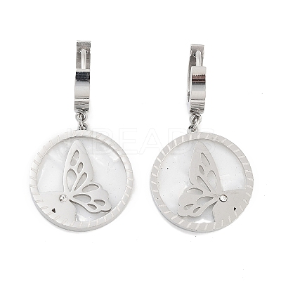 Left and Right Flat Round with Butterfly 304 Stainless Steel Shell Dangle Earrings EJEW-L283-071P-1