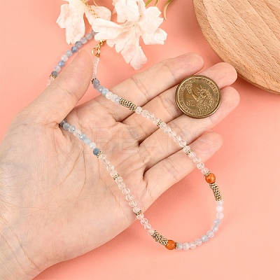 Natural Aquamarine & Quartz Crystal & Carnelian Faceted Round Beaded Necklaces NJEW-YW00007-1