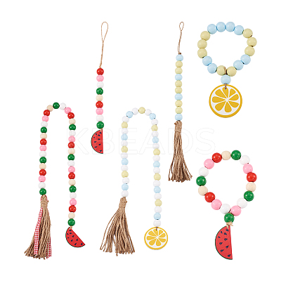 6Pcs 6 Style Wood & Fringed Beaded Pendant Decoration HJEW-CF0001-15-1