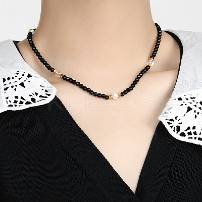 Elegant Round Natural Black Onyx(Dyed & Heated) & Glass & Freshwater Pearl Beaded Necklaces WB9753-1