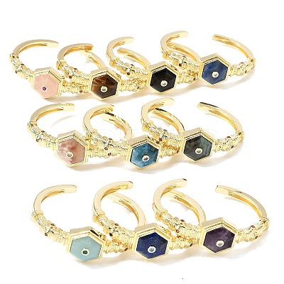 Hexagon Brass Pave Natural Gemstone & Cubic Zirconia Cuff Bangles for Women BJEW-Z172-01G-1