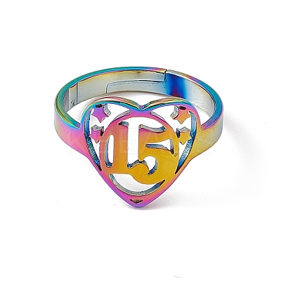 Ion Plating(IP) 201 Stainless Steel Heart with Number 15 Adjustable Ring for Women RJEW-C045-12M-1