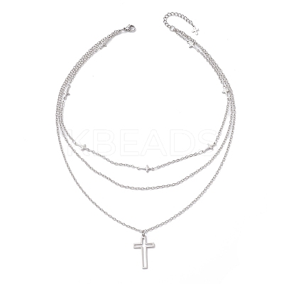 304 Stainless Steel Religion Cross Pendant 3 Layer Necklaces for Women NJEW-JN05480-1