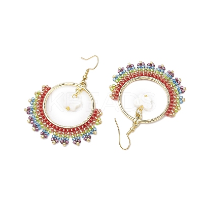 Butterfly & Ring Freshwater Shell & Glass Seed Beads Dangle Earrings EJEW-MZ00163-1