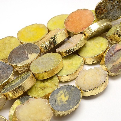 Golden Plated Dyed Oval Natural Drusy Quartz Crystal Beads Strands G-F144-03-1
