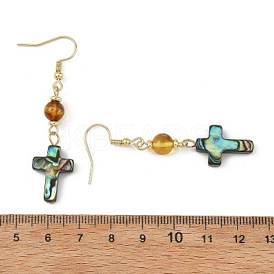 Cross Natural Amber & Abalone Shell/Paua Shell Dangle Earrings EJEW-JE07359-1