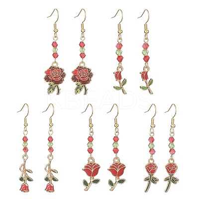 Valentine's Day Theme Alloy Enamel Rose Dangle Earrings with Glass Beaded EJEW-JE05336-1