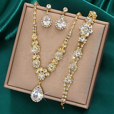 Teardrop & Flower Alloy Crystal Rhinestone Pendant Necklace & Stud Dangle Earrings & Bracelets Sets FS-WGA0F52-04-1