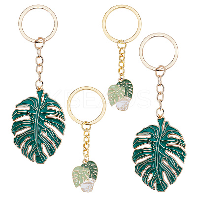 4Pcs 2 Style Monstera Leaf Alloy Enamel Pendant Keychain KEYC-CP0001-18-1