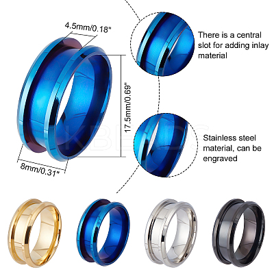 8Pcs 4 Colors 316L Stainless Steel Grooved Finger Ring Settings FIND-DC0001-04-1