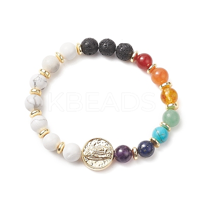 Natural & Synthetic Mixed Gemstone & Brass Virgin Mary Beaded Stretch Bracelet for Women BJEW-JB09323-1