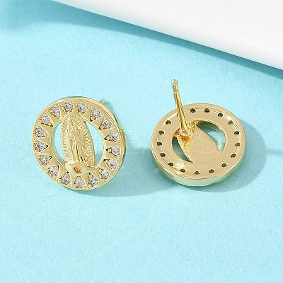 Brass Micro Pave Clear Cubic Zirconia Virgin Mary Stud Earrings EJEW-F400-23A-G-1