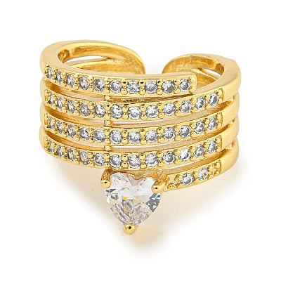 Rack Plating Brass Micro Pave Cubic Zirconia Heart Open Cuff Ring for Women RJEW-C082-06G-1