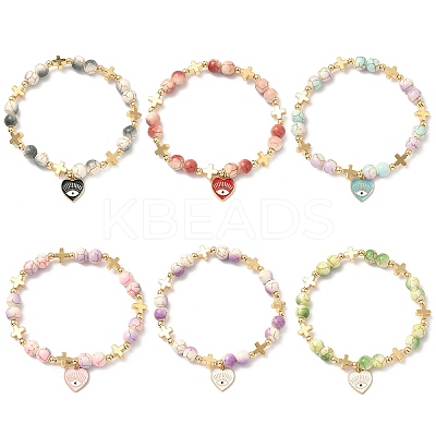 6Pcs 6 Colors Heart with Eye Alloy Enamel Charm Bracelets BJEW-JB12287-1