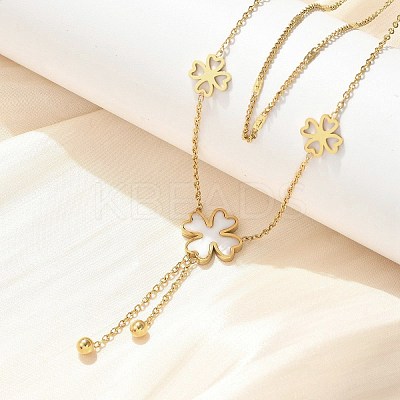 304 Stainless Steel Shell Pearl Clover Pendant Double Layered Necklaces for Women NJEW-U036-01G-1