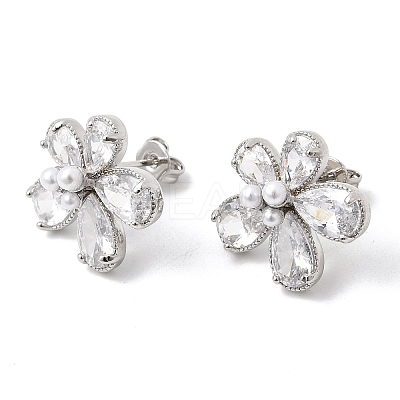 Flower Brass Micro Pave Clear Cubic Zirconia Stud Earrings EJEW-P333-02P-1