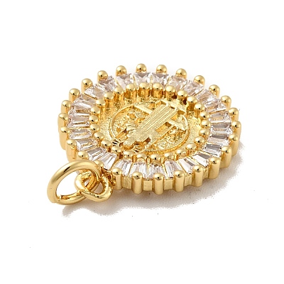 Flat Round with Saint Brass Micro Pave Clear Cubic Zirconia Pendants KK-G419-25G-1