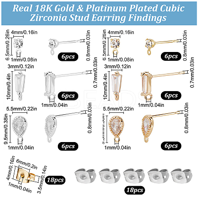 36Pcs 6 Styles Brass Stud Earring Findings KK-BBC0027-88-1