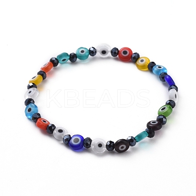 Handmade Evil Eye Lampwork Flat Round Beads Stretch Bracelets BJEW-JB05005-1