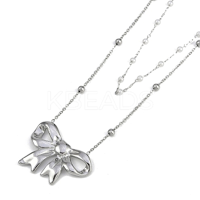 304 Stainless Steel & Plastic Imitation Pearl Double Layer Bowknot Pendant Necklaces NJEW-I129-03P-1