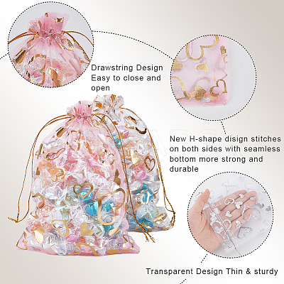 80Pcs 4 Colors Heart Printed Organza Bags OP-BBC0001-50B-1