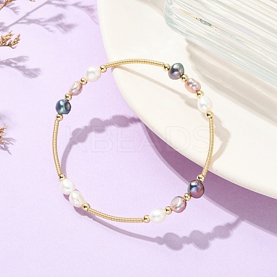 Nuggets Natural Cultured Freshwater Pearl & Brass Beaded Copper French Wired Bangles BJEW-JB13980-1