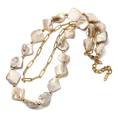 304 Stainless Steel with Dyed Floral White Natural Shell Nuggets Beaded Double Layer Necklaces for Women LS-NJEW-G181-13G-1