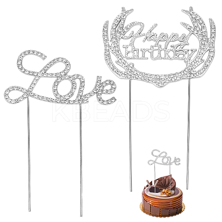 2Pcs 2 Styles Alloy & Rhinestone Cake Toppers AJEW-CP0001-44S-1