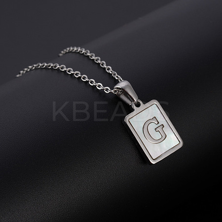 Rectangle Stainless Steel Pave Natural White Shell Pendant Necklaces FS-WG3D812-07-1