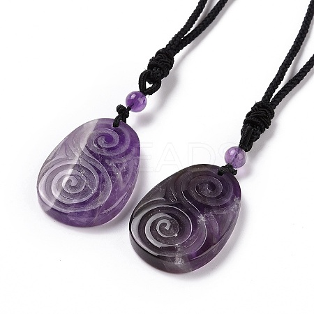 Adjustable Natural Amethyst Teardrop with Spiral Pendant Necklace with Nylon Cord for Women NJEW-L171-04B-1