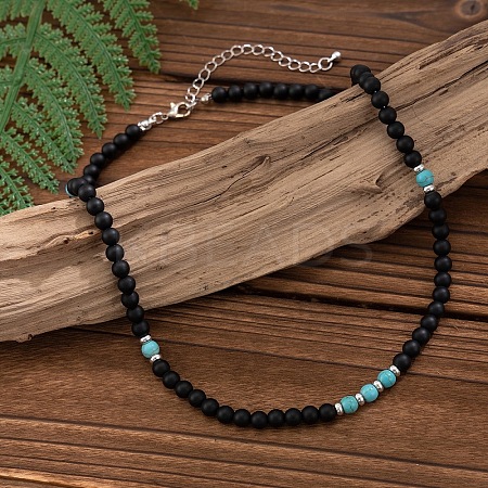 6MM Round Synthetic Turquoise and Frosted Black Stone Beaded Necklaces for Men FQ0489-2-1