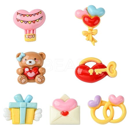 7Pcs 7 Styles Ring/Box/Lock/Envelope/Bear/Balloon/Hot Air Balloon Valentine's Day Theme Opaque Resin Decoden Cabochons RESI-FS0001-69-1