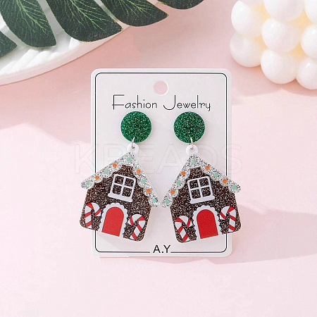 Christmas House Acrylic Dangle Stud Earrings with Glitter Powder for Women FS-WG63F56-02-1