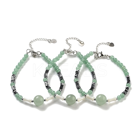 Natural Green Aventurine Round & Synthetic Non-magnetic Hematite & White Shell Beaded Bracelets for Women BJEW-K251-02H-1