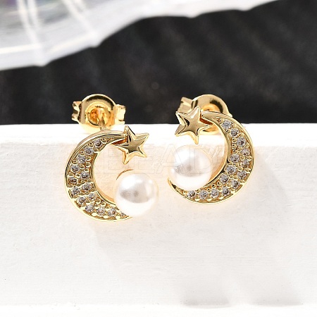 Moon Brass Micro Pave Clear Cubic Zirconia Stud Earrings EJEW-A135-31G-1