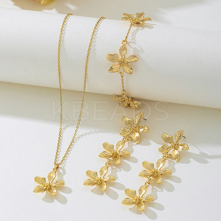 Flower Alloy Pendant Necklace & Stud Dangle Earring & Link Bracelets Sets FS-WG57773-02-1