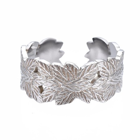 Non-Tarnish 304 Stainless Steel Leaf Wrap Open Cuff Ring LS-RJEW-T023-27P-1