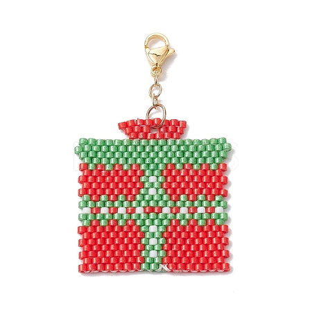 Christmas Gift Box Glass Seed Pendant Decoration HJEW-JM02107-1