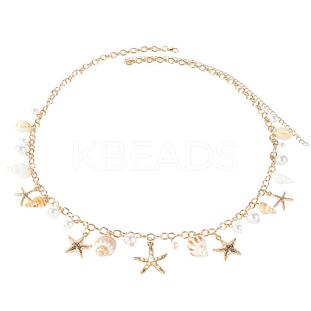 Bohemian Natural Shell & Plastic Imitation Pearl Tassel Chain Belts AJEW-CY0001-06A-1