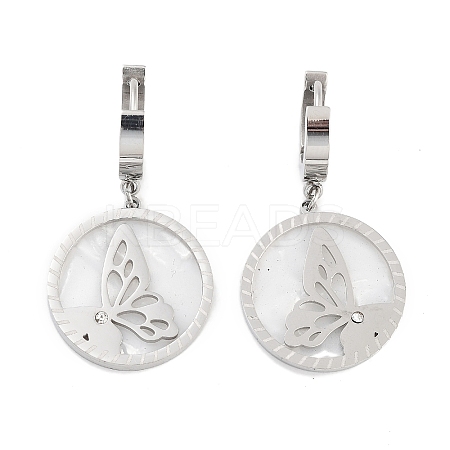 Left and Right Flat Round with Butterfly 304 Stainless Steel Shell Dangle Earrings EJEW-L283-071P-1