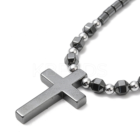 Synthetic Non-magnetic Hematite Cross Pendant Necklace with Beaded Chains NJEW-E095-03-1