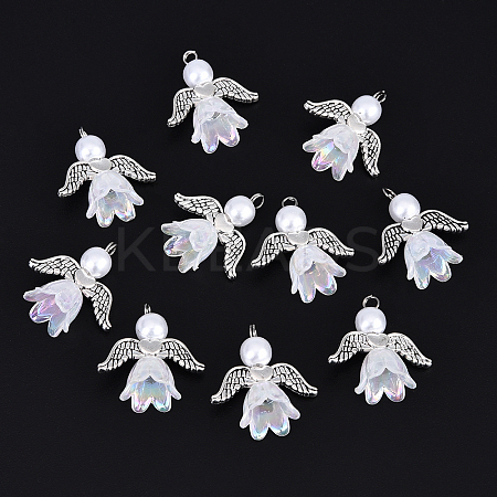 10Pcs Acrylic & Imitation Pearl Flower Angel Pendants PALLOY-YW00055-06-1