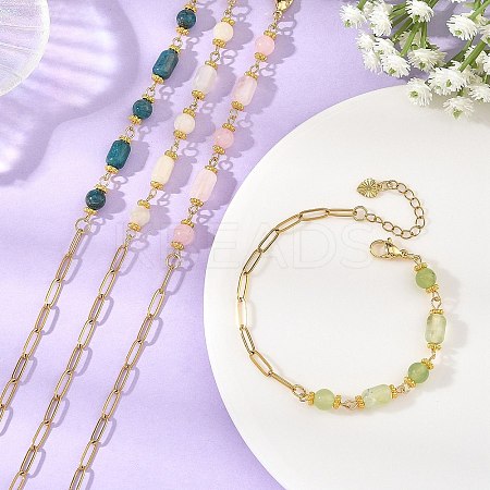 Natural Mixed Stone Round Column Beaded Chain Bracelets with 304 Stainless Steel Paperclip Chains BJEW-JB14298-1