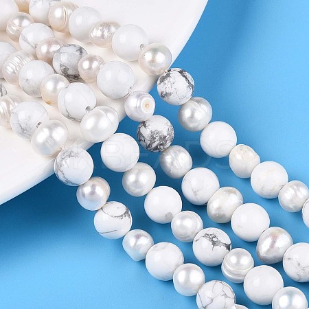 Natural Howlite Round & Natural Cultured Freshwater Pearl Grooved Potato Beads Strands PEAR-N019-08-1