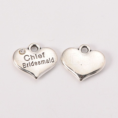 Wedding Theme Antique Silver Tone Tibetan Style Alloy Heart with Chief Bridesmaid Rhinestone Charms LS-TIBEP-N005-21D-1