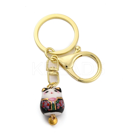 Fortune Cat Porcelain Pendant Keychain KEYC-G064-02E-1