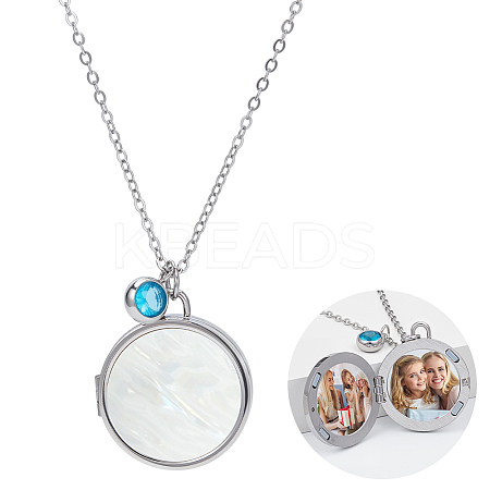 Stainless Steel Pave Natural White Shell Flat Round Magnetic Locket Pendant Necklaces for Women NJEW-NB00013-1