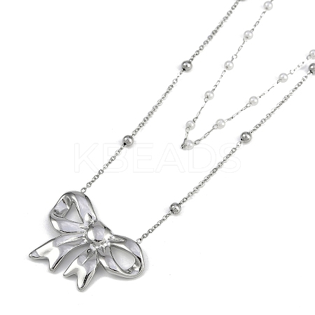 304 Stainless Steel & Plastic Imitation Pearl Double Layer Bowknot Pendant Necklaces NJEW-I129-03P-1